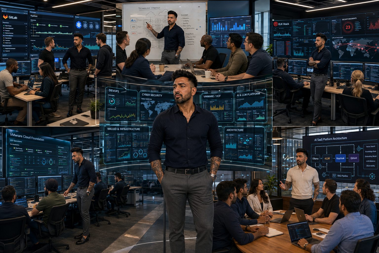 Enterprise technology campus showing DevOps, technical leadership, SIEM, Cloud Infrastructure and AI SaaS leadership zones